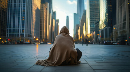 Lone Figure Huddled Under Blanket in Urban Setting