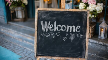 Welcoming chalkboard sign with floral accents