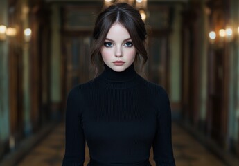 Elegant woman in black sweater posing indoors