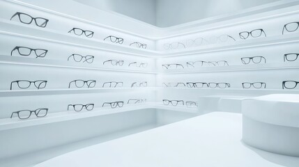 Diverse frames and informational tags featured in a blank 3D optical shop eyewear display mockup.