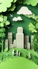 The concept of a green city and environment with a family. paper art and digital craft style.