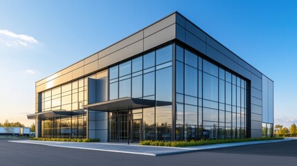 Obraz premium A modern small industrial building with glass windows and a metal facade