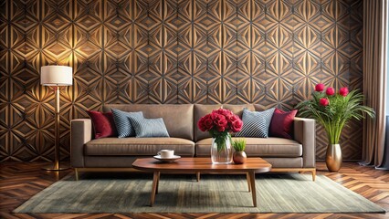 A Modern Living Room with a Brown Leather Sofa, Geometric Wood Paneling, and Red Flowers in a Vase