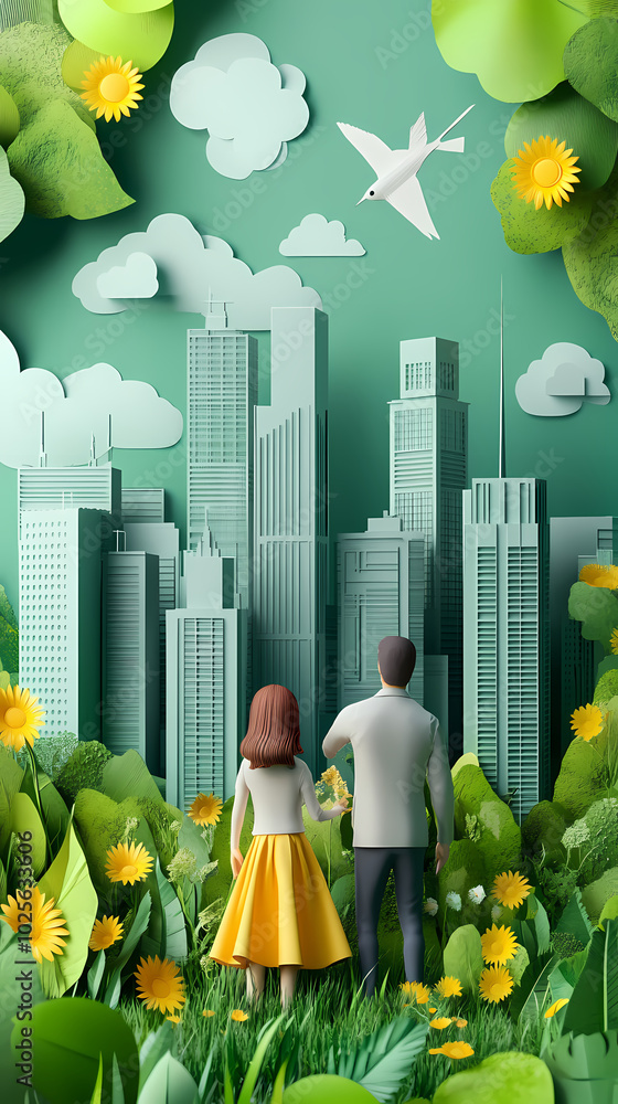 Wall mural the concept of a green city and environment with a family. paper art and digital craft style.