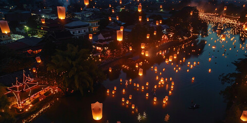 Fototapeta premium Flying Sky Lantern in new year festival with bokeh background