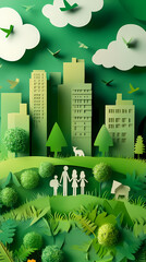 The concept of a green city and environment with a family. paper art and digital craft style.