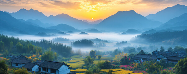 Misty mountain countryside