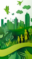 The concept of a green city and environment with a family. paper art and digital craft style.
