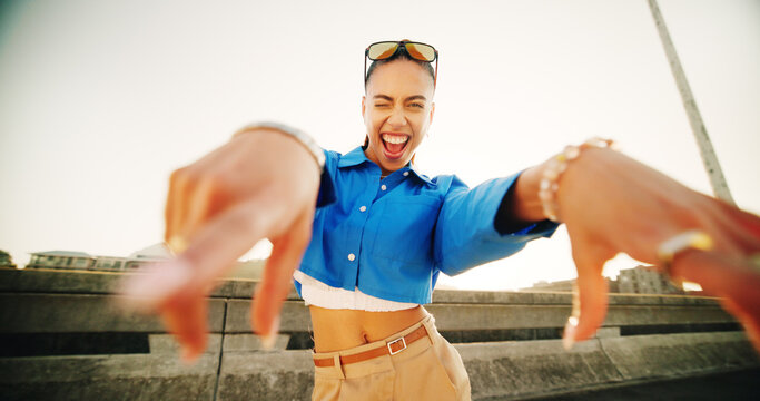 City, gen z or portrait of girl for fashion, streetwear and confidence for cool clothes with pride. Urban bridge, female person or edgy woman on holiday with unique style for attitude, trendy or swag