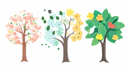 Tree isolated on white background, spring with flowers, summer with green leaves, autumn with yellow leaves, and winter with snow. Concept of nature and environment in paper cut cartoon style