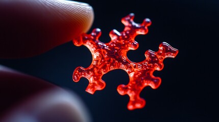 A single red puzzle piece is held up against a black background,  with a textured and intricate design, showcasing the importance of finding the right fit.
