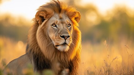 Obraz premium A majestic lion with a thick mane stares intently at the camera with a golden light reflecting off its fur.
