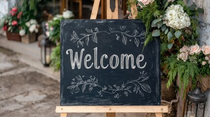 Welcoming floral display with chalkboard sign