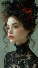 Fototapeta premium Elegant Woman in Black Lace Dress with Floral Crown