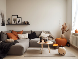 Scandinavian scandi modern minimalist cozy living room interior with fall decor. Neutral walls and couch with terracotta and pastel accents