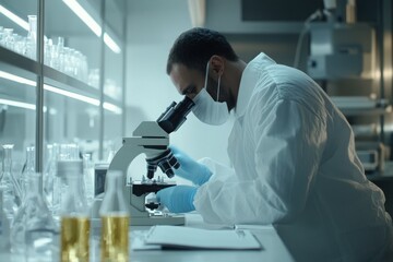 Pharmaceutical lab with scientist using microscope, with copy space
