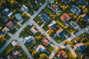 Fototapeta premium Aerial View of a Suburb with Houses and Yards
