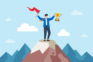 Flat illustration of success businessman holds winning flag and trophy on mountain peak symbolizing leadership