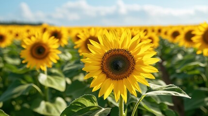 Fototapeta premium Vibrant sunflower field under a blue sky