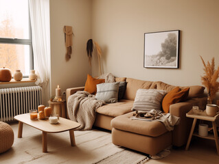 Scandinavian scandi modern minimalist cozy living room interior with fall decor. Neutral walls and couch with orange pillows
