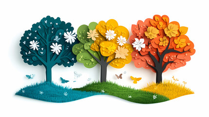 Tree isolated on white background, spring with flowers, summer with green leaves, autumn with yellow leaves, and winter with snow. Concept of nature and environment in paper cut cartoon style
