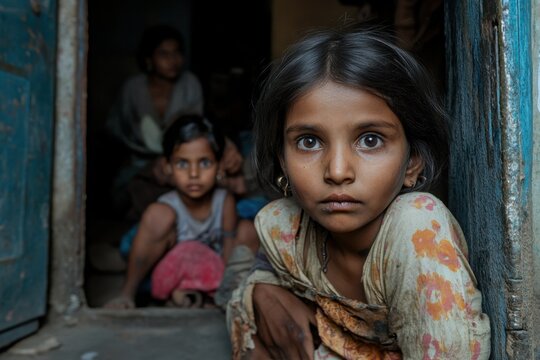 Poverty-stricken family in a slum, with copy space