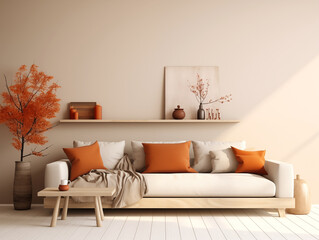 Scandinavian scandi modern minimalist cozy living room interior with fall decor. Neutral walls and couch with orange pillows
