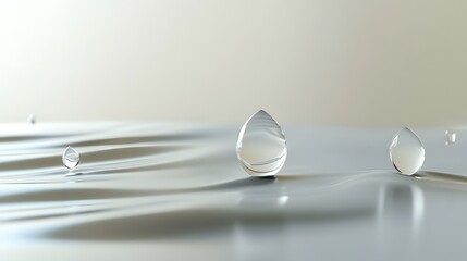 Abstract raindrops: Stylized raindrop shapes with smooth curves, falling gently in a minimalist, open space, representing calm and natural rhythms