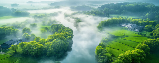 Pastoral scenery covered by morning mist