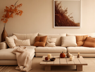 Scandinavian scandi modern minimalist cozy living room interior with fall decor. Neutral walls and couch with orange pillows