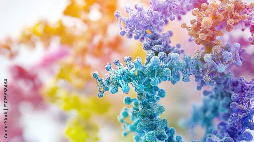 Poster a detailed 3d protein structure model, showing intricate folding patterns with alpha helices and bet