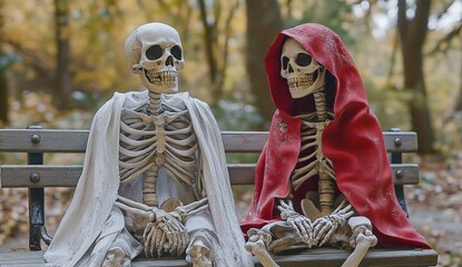 Two skeletons sitting on a bench in an autumn forest setting, one wearing a white sheet and the other wearing a red hooded jacket created with generative ai
