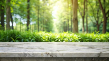 Empty marble table with nature backdrop and cup