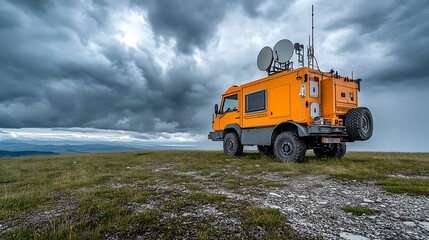Mobile Disaster Warning Radar Vehicle: A specialized vehicle equipped with radar and satellite dishes, stationed on a hill.