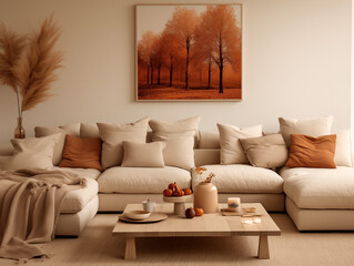 Scandinavian scandi modern minimalist cozy living room interior with fall decor. Neutral walls and couch with orange pillows