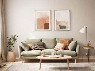 Scandinavian scandi modern minimalist cozy living room interior with fall decor. Neutral walls and sage couch with terracotta and pastel accents