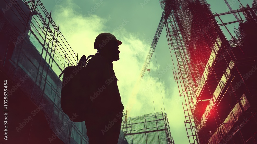 Poster a dynamic image of a construction worker on site, showing workers actively engaged in building, with
