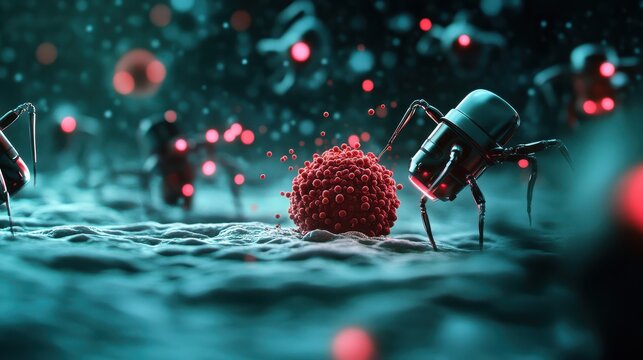 Nanotechnology in drug discovery, with a close-up of tiny robotic devices delivering a therapeutic compound directly into a targeted cancer cell in