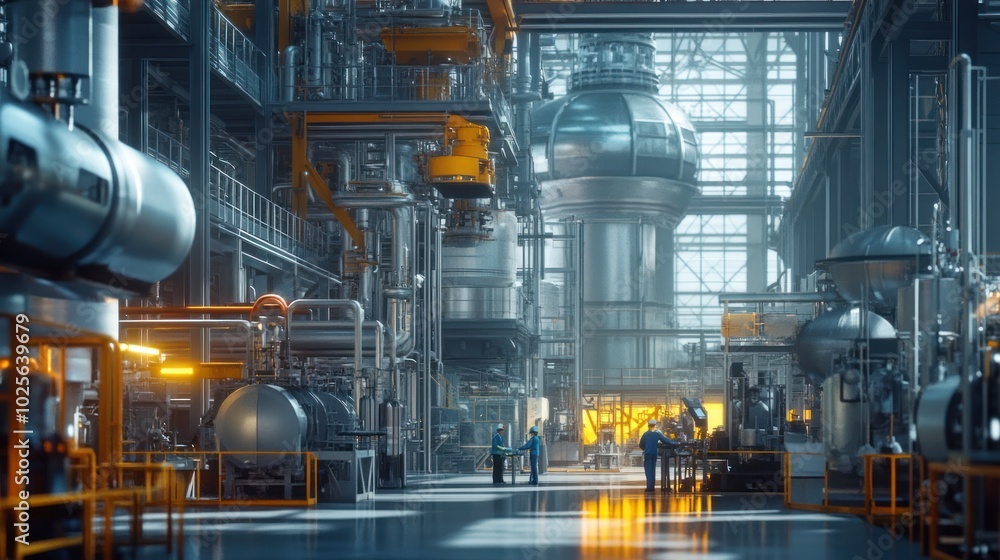 Poster a dynamic scene illustrating industrial engineering, showcasing engineers designing efficient system