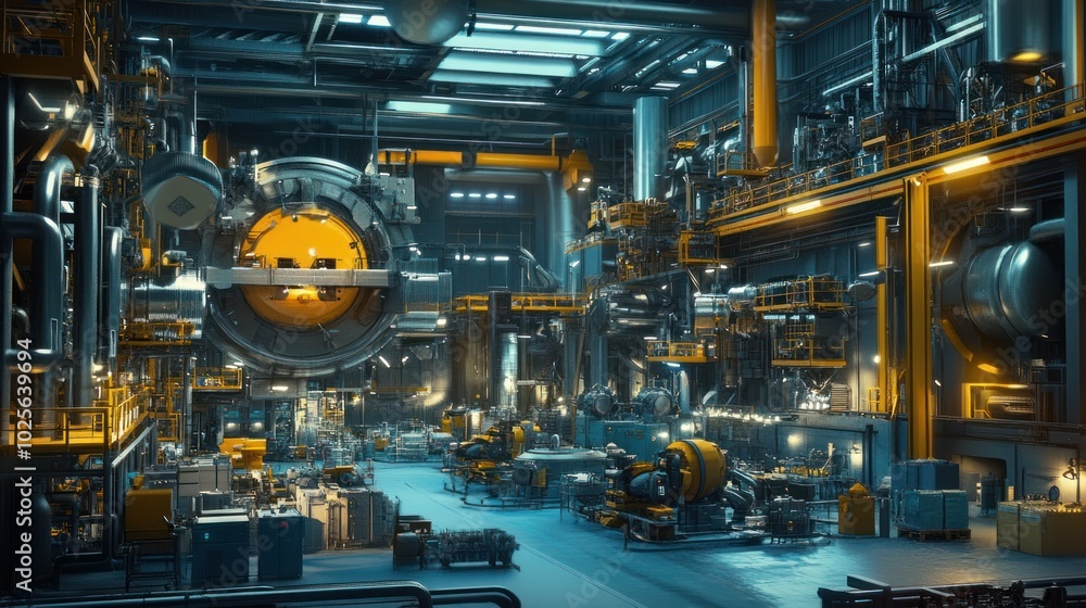 Poster a dynamic scene illustrating industrial engineering, showcasing engineers designing efficient system