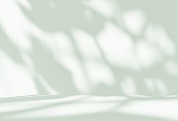 Empty green shadow room studio with sunlight overlay effect. Minimal background for product presentation. Autumn backdrop. Cosmetic and beauty products display room.	