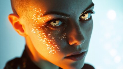 Close-up portrait of a woman with white eyes and a futuristic, glowing makeup design on her face.