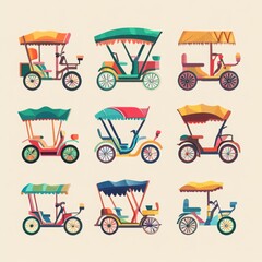 Rickshaw vector art set flat color minimalist, with copy space