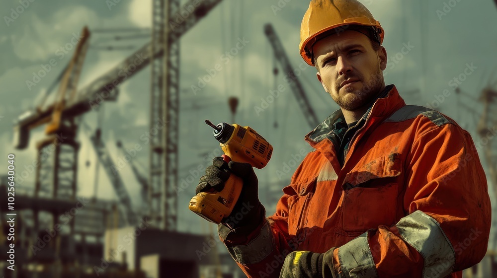 Poster a focused construction worker with drill image, with the worker using a power drill or other special