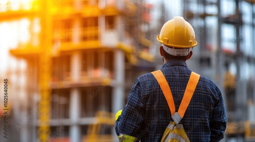 Poster a focused construction worker with hard hat visual, capturing a close-up of a worker wearing a hard 