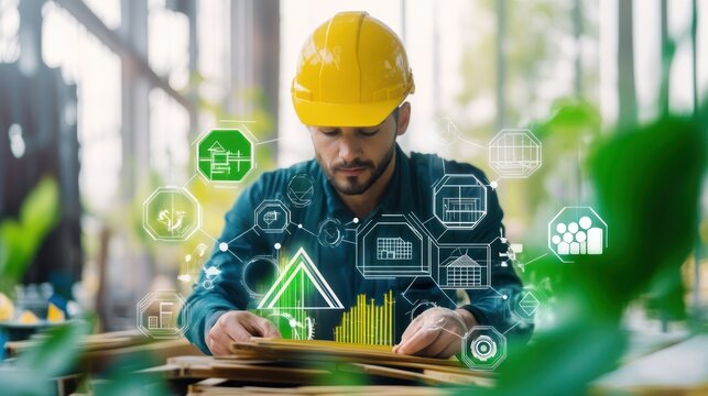 A focused construction worker with sustainable building materials scene, showing workers handling eco-friendly materials like bamboo, recycled steel, 