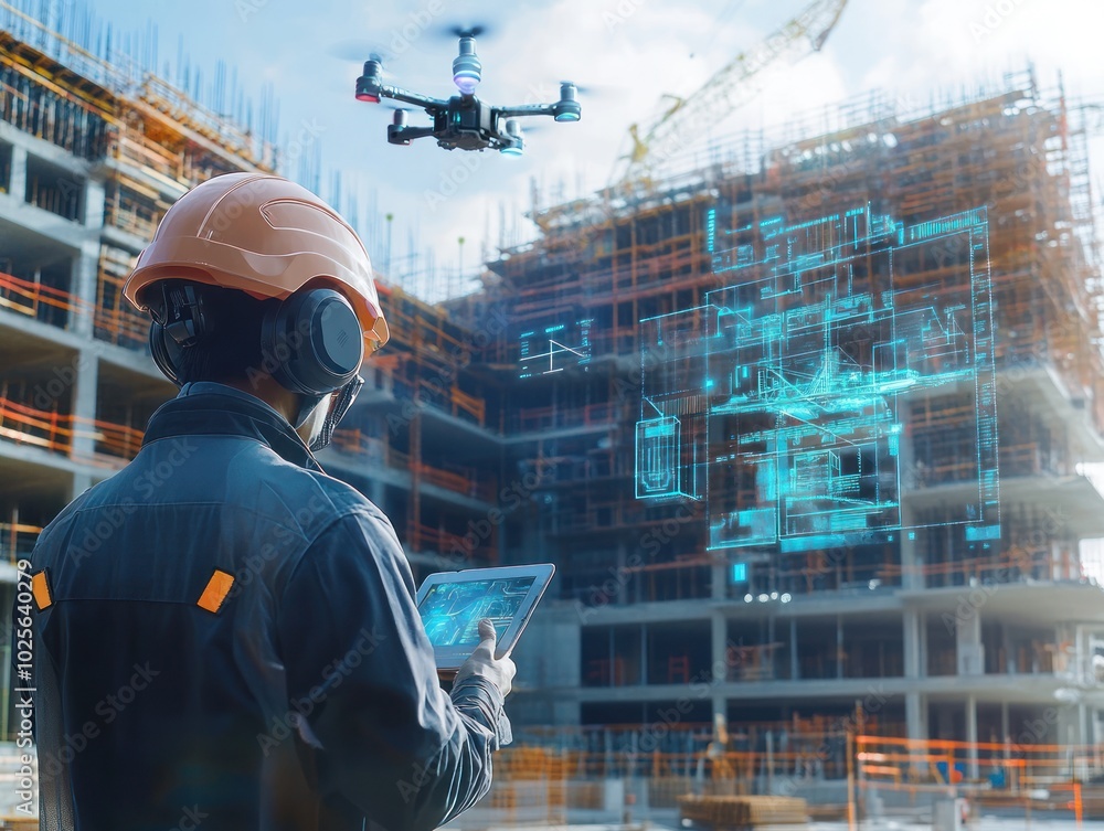 Poster a futuristic construction worker using smart technology, with workers utilizing tablets, drones, and