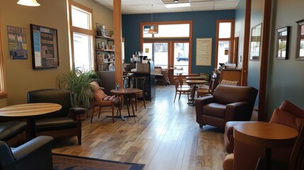 A friendly and cozy coffee shop with a local community feel, featuring communal tables, bulletin boards with local events, and comfortable seating areas for socializing and connecting