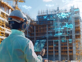 A futuristic construction worker using smart technology, with workers utilizing tablets, drones, and wearable tech to monitor progress and communicate in real time on a high-tech construction site