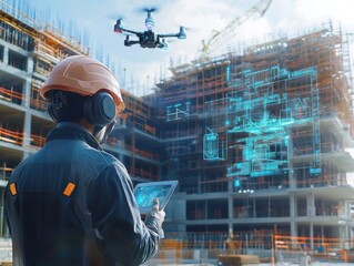 A futuristic construction worker using smart technology, with workers utilizing tablets, drones, and wearable tech to monitor progress and communicate in real time on a high-tech construction site